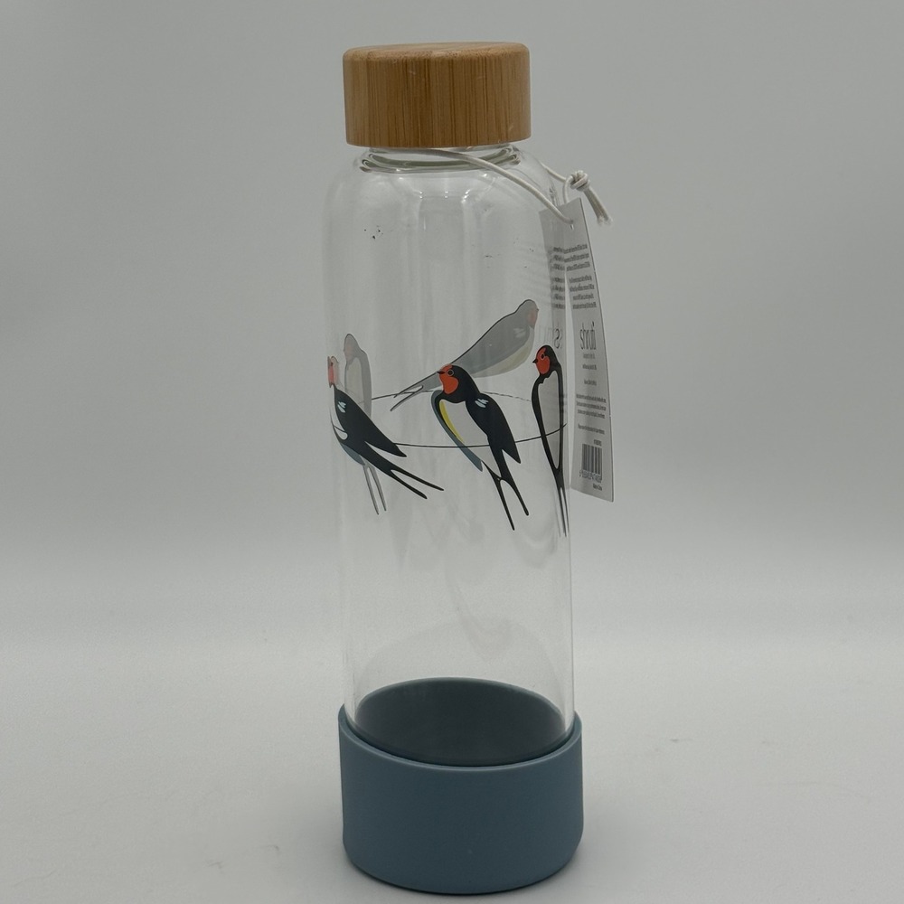 Shruti RSPB Swallow Bird Glass Water Bottle Bamboo Lid 500ml 16.9oz New